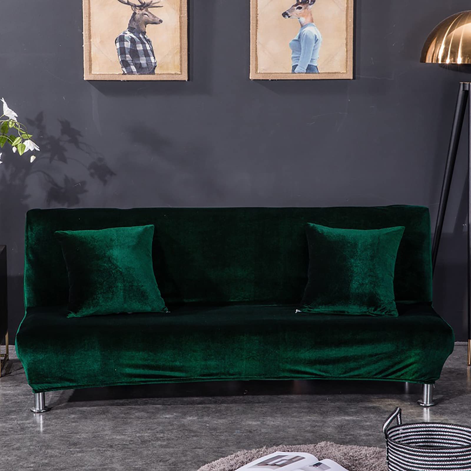 Stretch Velvet Sofa Cover,Plush Futon Cover Armless Sofa Slipcover,2 Seater Couch Covers With Elastic Bottom,Thick Soft Sofa Bed Cover-Dark green S