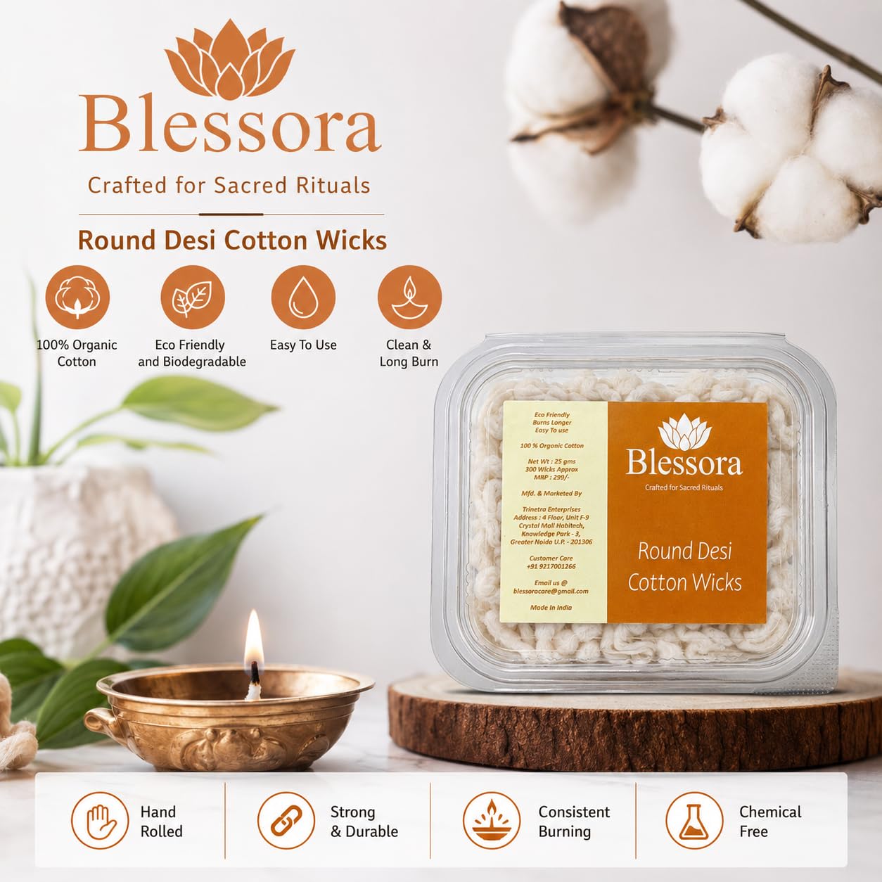 Blessora Desi Round Cotton Wicks Diya Batti - White Phool Rui for Pooja | Long Lasting Aarti Use | Temple Daily Worship (Pack of 300 Pcs)