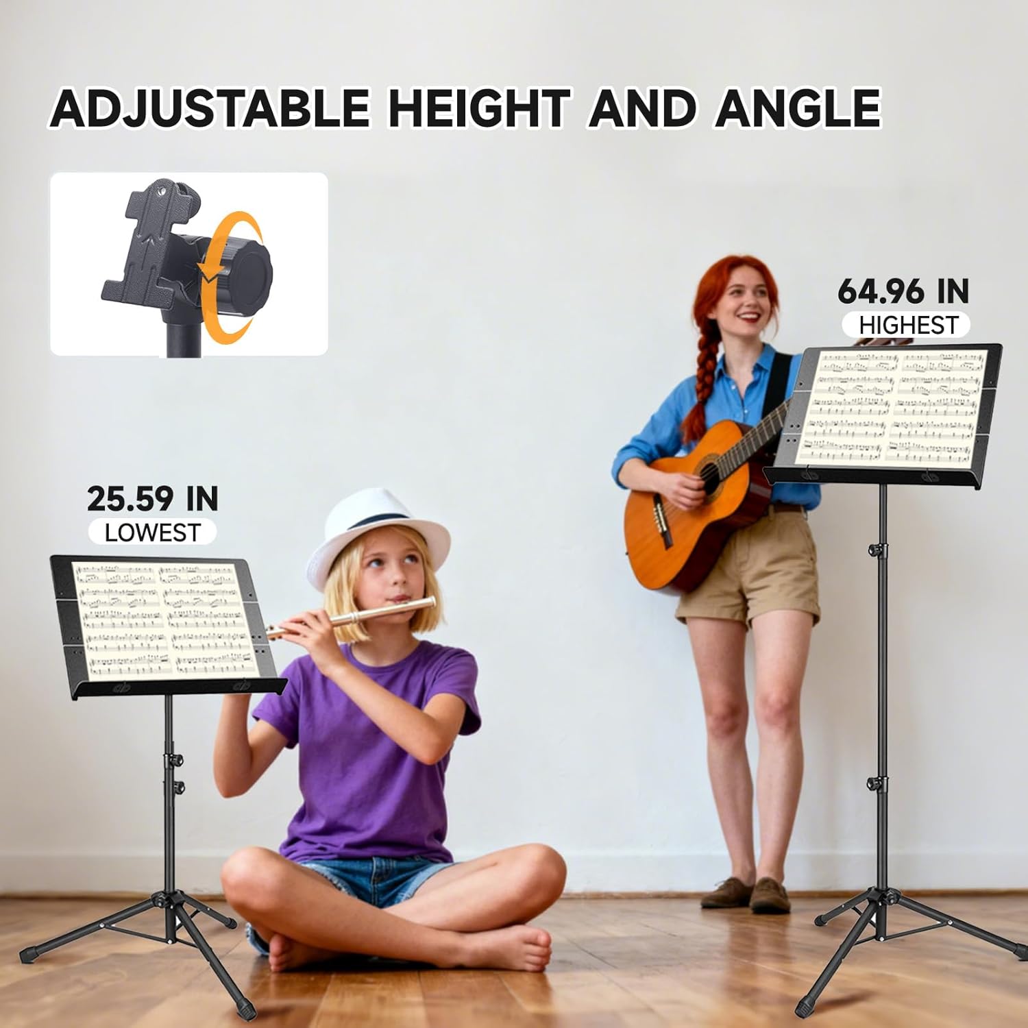 Folding Sheet Music Stand - 4 in 1 Portable Music Stand & Book Stand with Carrying Bag, Tri-fold Panel Metal Holder Adjustable Height with Phone Holder & Music Sheet Clip Holder