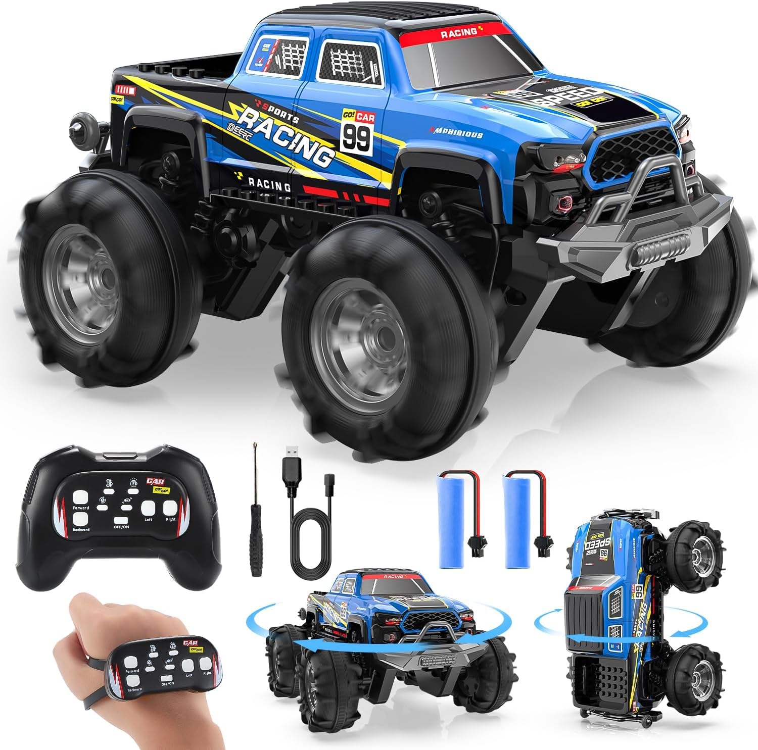 DEERC BG028 Amphibious RC Monster Truck/Boat, IPX7 Waterproof Remote Control Car W/Gesture Sensing Control, 2.4GHz 4WD RC Car W/ 360Rotation,LED Light,40mins Play RC Truck Toys for Kids Boys 6-12