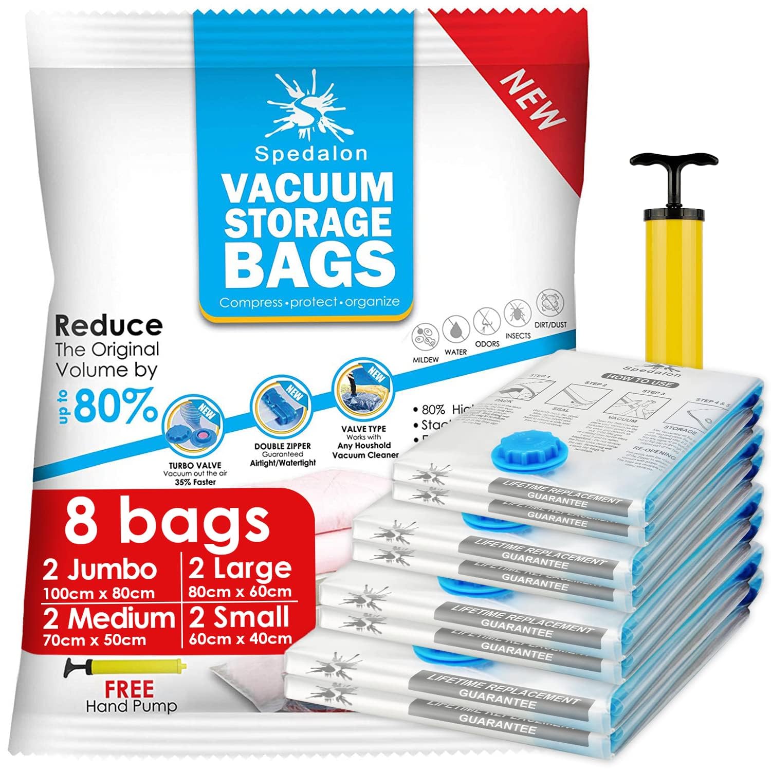 Vacuum Storage Bags - Pack of 8 (2 Jumbo + 2 Large + 2 Medium + 2 Small) Reusable with Free Hand Pump for Travel Packing. Best Sealer Bags for Clothes, Duvets, Bedding, Pillows, Blankets, Curtains