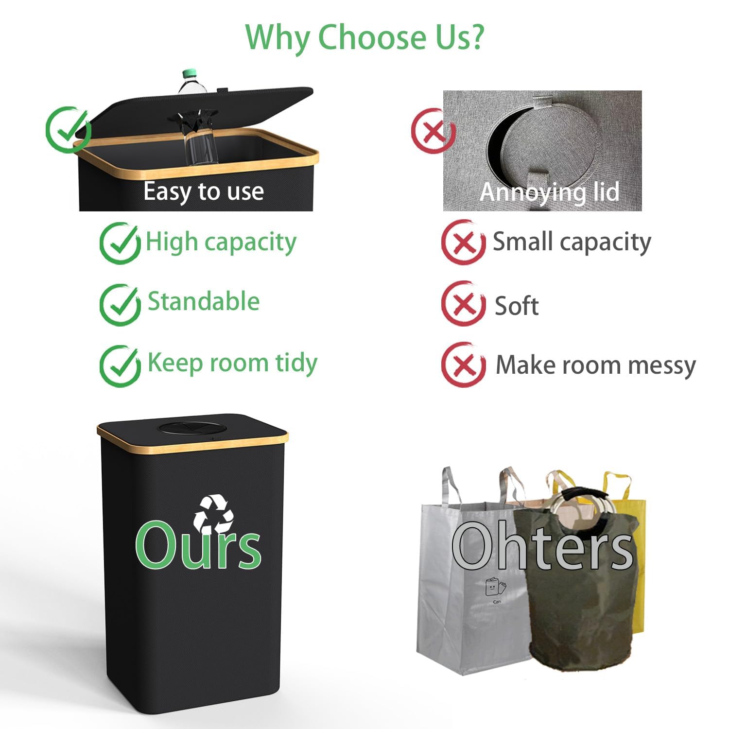 Recycling Bin Kitchen Indoor Home 40 Gallon 156L Recycle Bin with Lid 2 Removeable Reusable Inner Bag Bottle Can Glass Waste Plastice,Big Black