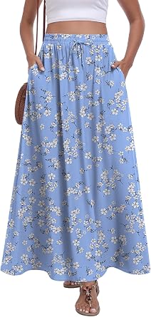 Yincro Womens Maxi Flowy Pleated Skirt Elastic High Waisted Casual Trendy Long Skirts with Pockets
