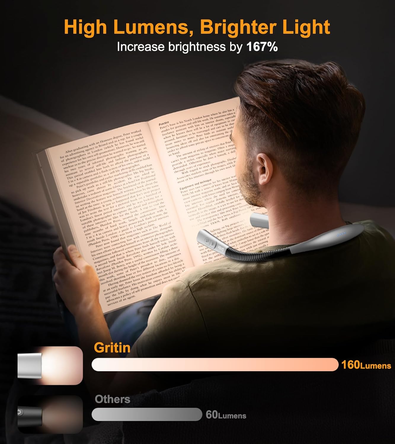 Gritin Book Light, Eye Caring 4-Color & 5-Brightness Neck Light Reading Light- Stepless Dimming,30-min Timer,80+ Hrs Runtime,Bendable Round Neck Design, Lightweight for Reading, Knitting, Repairing