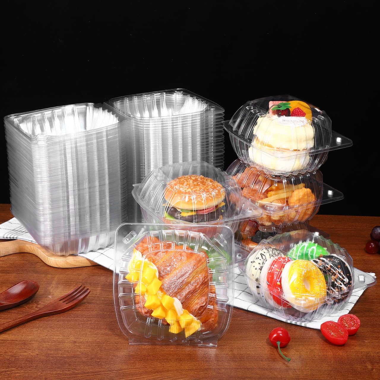 PartyKindom 100 Pcs Clear Plastic Containers, 6 Inch Disposable Food Containers with Lids, Visible Clamshell Hinged Food Take Out Box for Burger, Sandwich, Cakes, Dessert, Cookies, Salad, Pasta