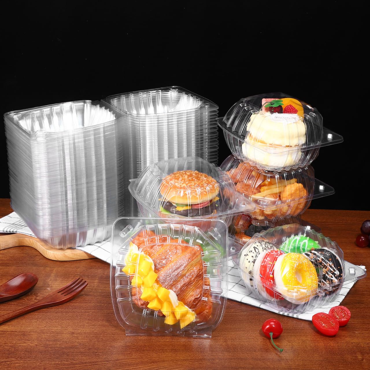 PartyKindom 100 contenitori trasparenti per alimenti da asporto, trasparenti, per insalata, sandwich, cupcake, dessert, hamburger, chiusura a scatto, 15 x 15 cm
