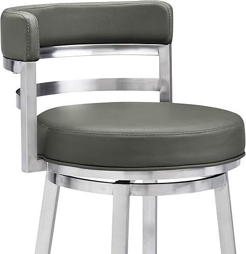 Miniatura 6 de Armen Living Madrid - Taburete giratorio de 30 pulgadas de altura de barra de cuero sintético gris moderno y acero inoxidable cepillado para