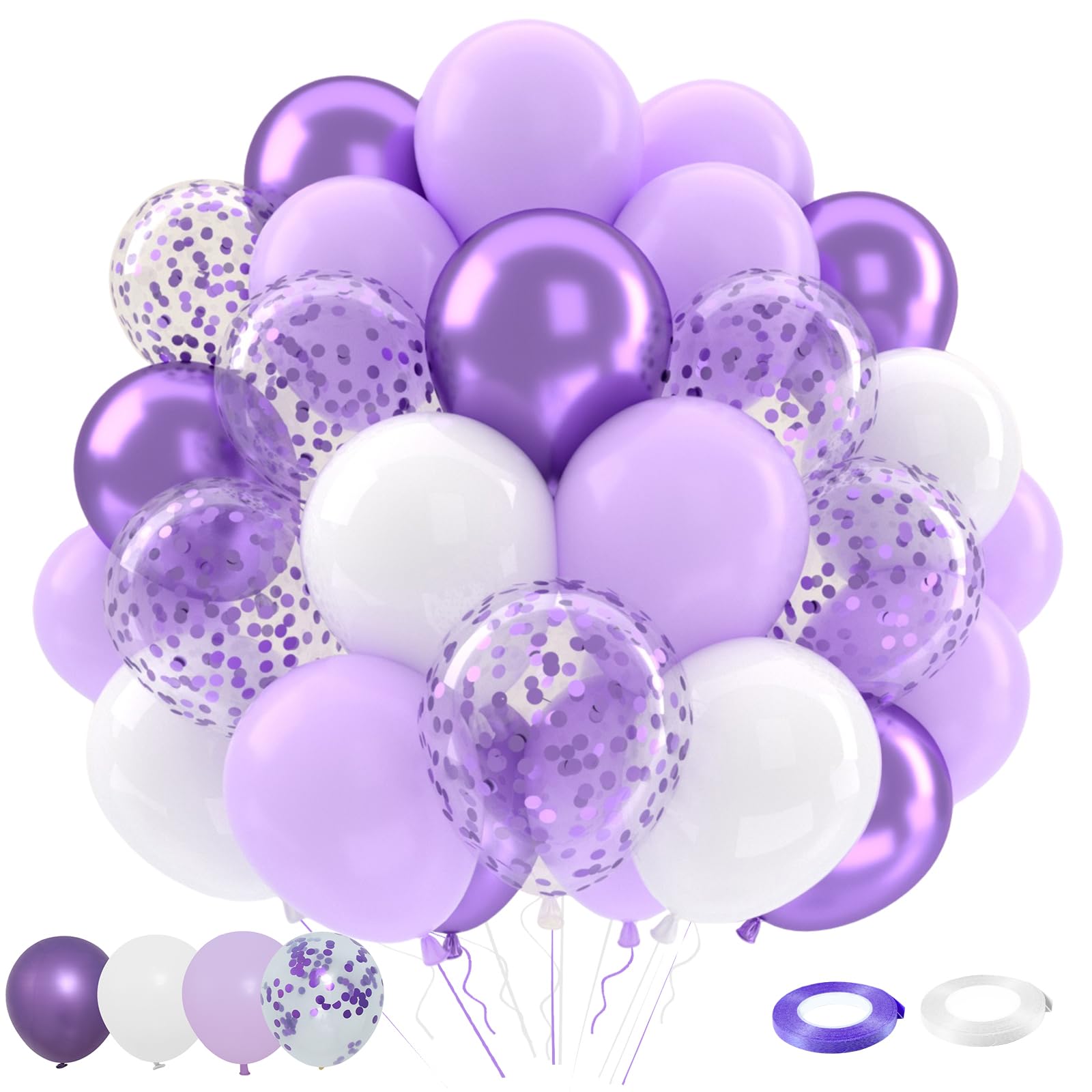 Patimate Lavender Purple Balloons Set, 50 pcs 12 inch Metallic Purple Lavender Lilac Confetti Latex Balloons Kit for Birthday Baby Shower Wedding