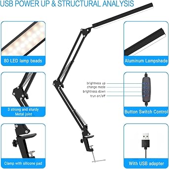 مصباح مكتب Acrobat LED - وضع ضوء النهار والضوء الأصفر، سطوع قابل للتعديل، لوحة تحكم، مناورة حركة ثلاثية المحاور، مصباح مكتب قابل للطي للقراءة مع مدخل USB