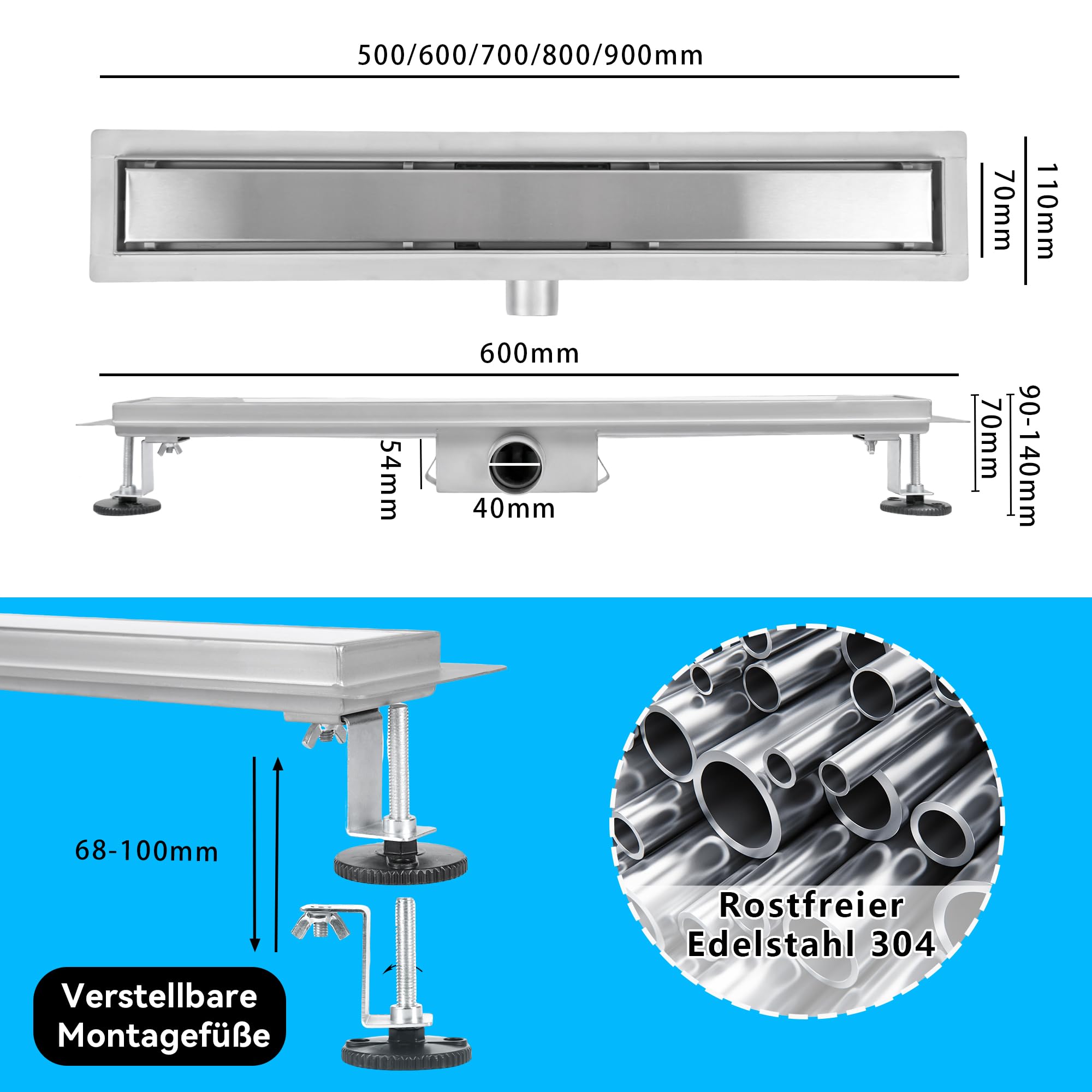 Warmfay Duschrinne 60 cm, Befliesbare Edelstahl Extra Flach Duschablauf, Bodenablauf Dusche Komplettset inkl. Haarsieb Siphon Geruchsstop - Randablauf