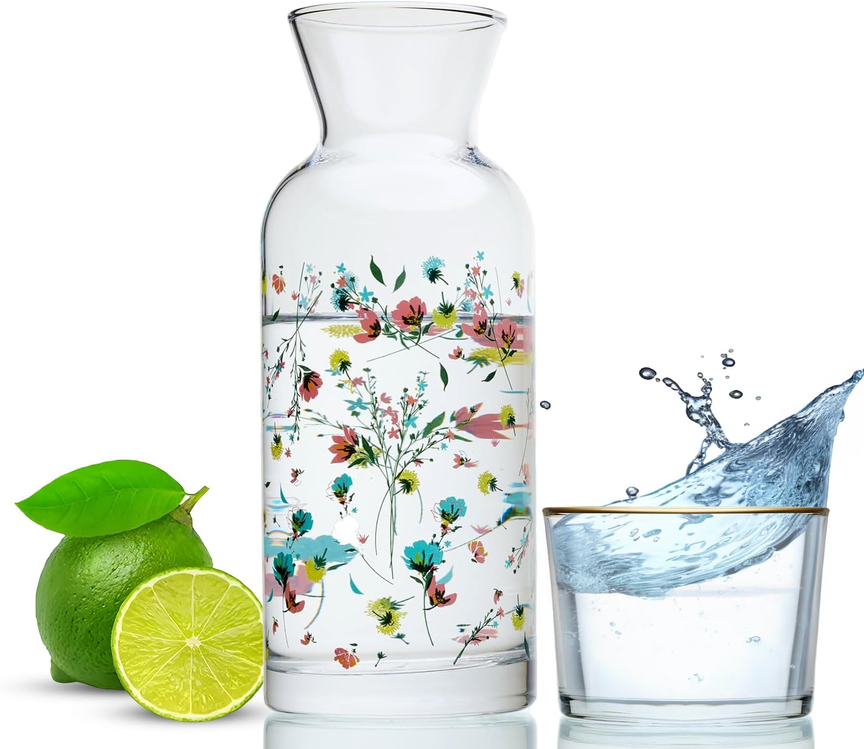Bedside Water Carafe and Glass Set - 700ml Glass Pitcher with Cup - Stylish Decanter Jug for Bedroom and Dining - Flora Design