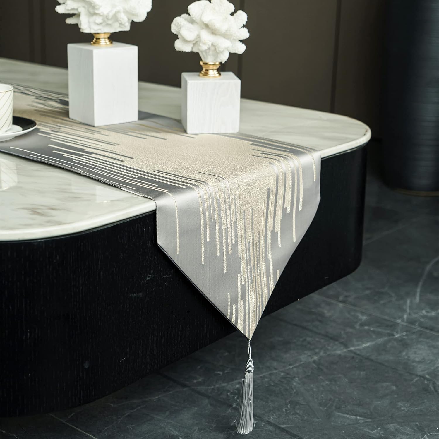 OIGAE Modern Table Runner,Grey Table Runner with Tassel,30x230cm,Luxury