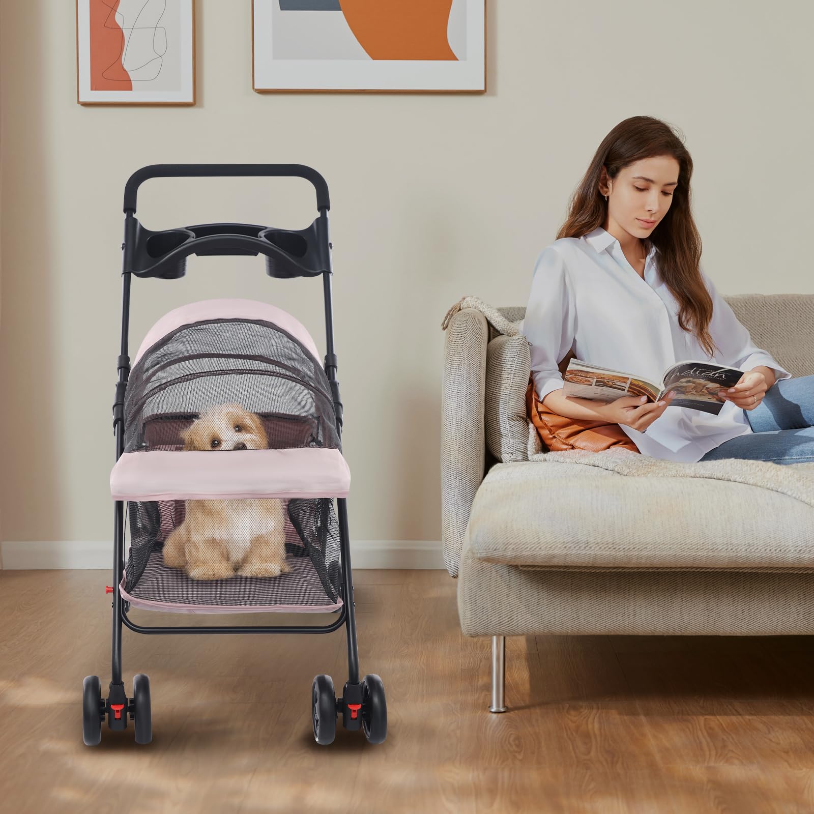 Passeggino per cani | Carrello pieghevole per cani e gatti | Portata fino a 18 kg | Ruote girevoli a 360° con freno, rete traspirante, leggero e trasportabile (grigio rosa chiaro)