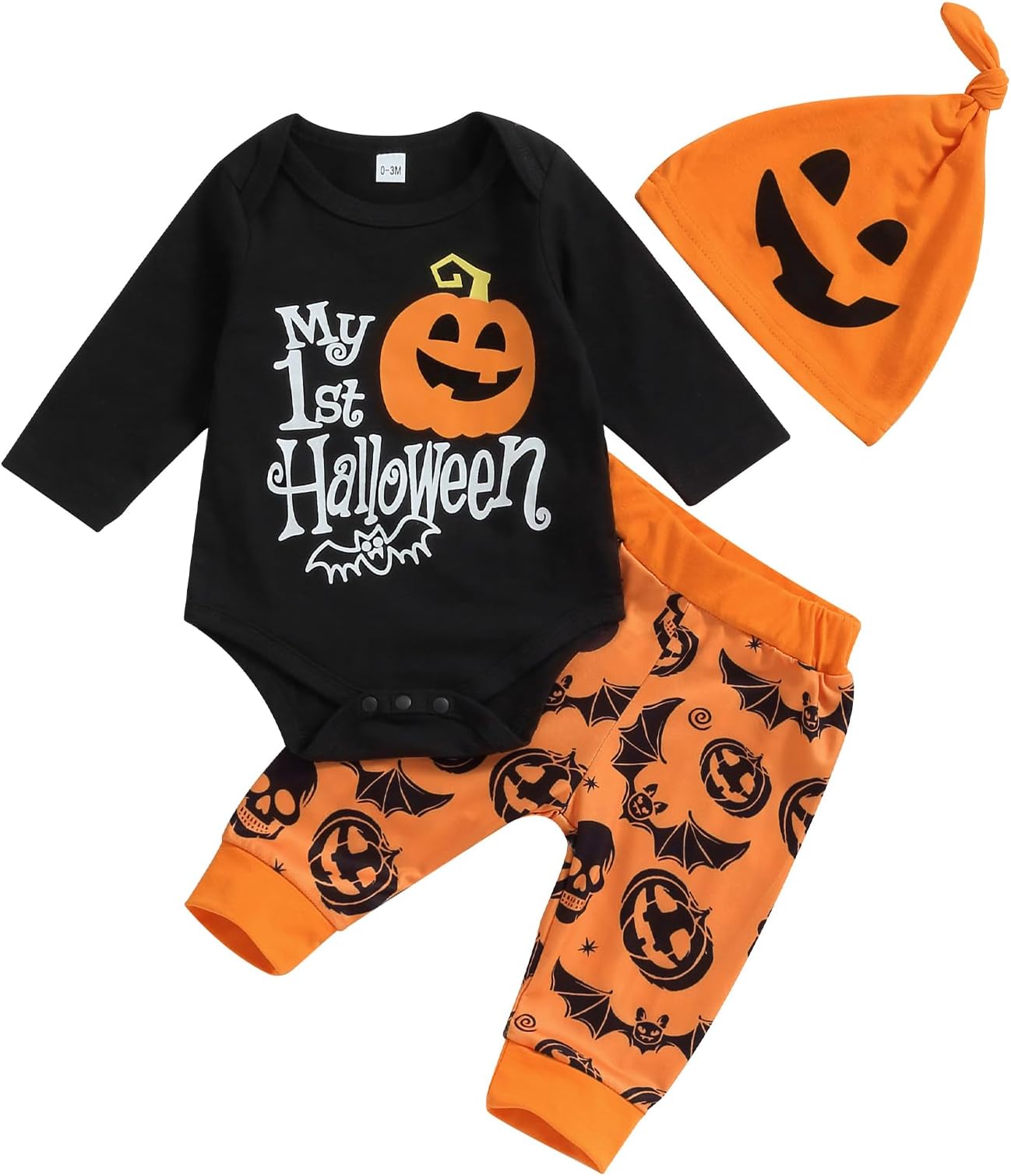 Geagodelia My 1st Halloween Baby Boys Girls Clothes Pumpkin 3pcs Outfits Newborn Infant Fall Romper Top Trouser Hat Set