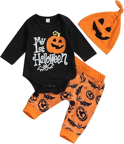 Traje de Halloween para bebé niña niño calabaza mi primer Halloween manga larga mameluco pantalones sombrero conjunto Halloween