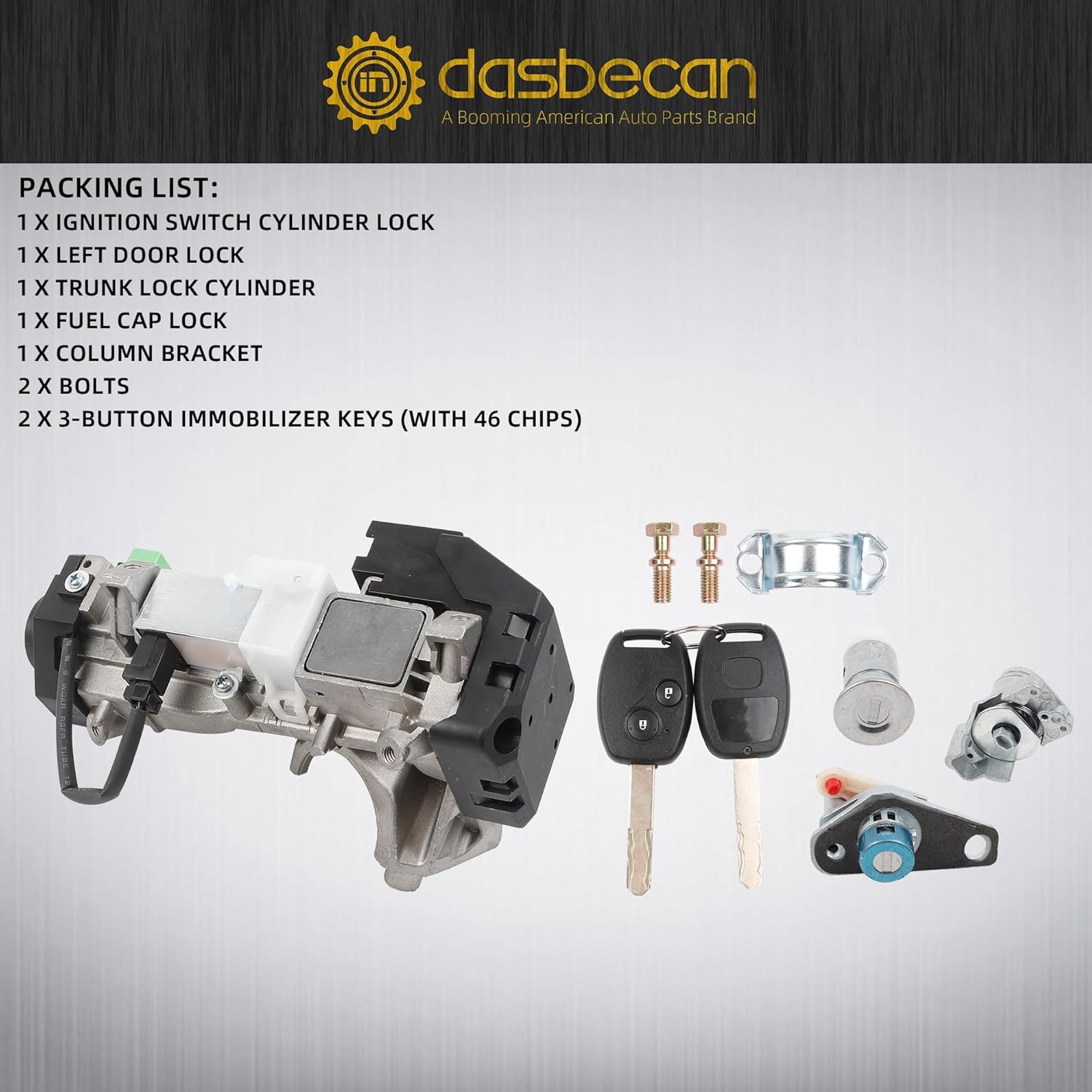 Dasbecan Ignition Switch Lock Cylinder Assembly Compatible with Honda Accord CRV FIT Odyssey Civic 2006-2011 06350-SAA-G30 35100-SDA-A71, Chip ID46 Immobilizer Keys