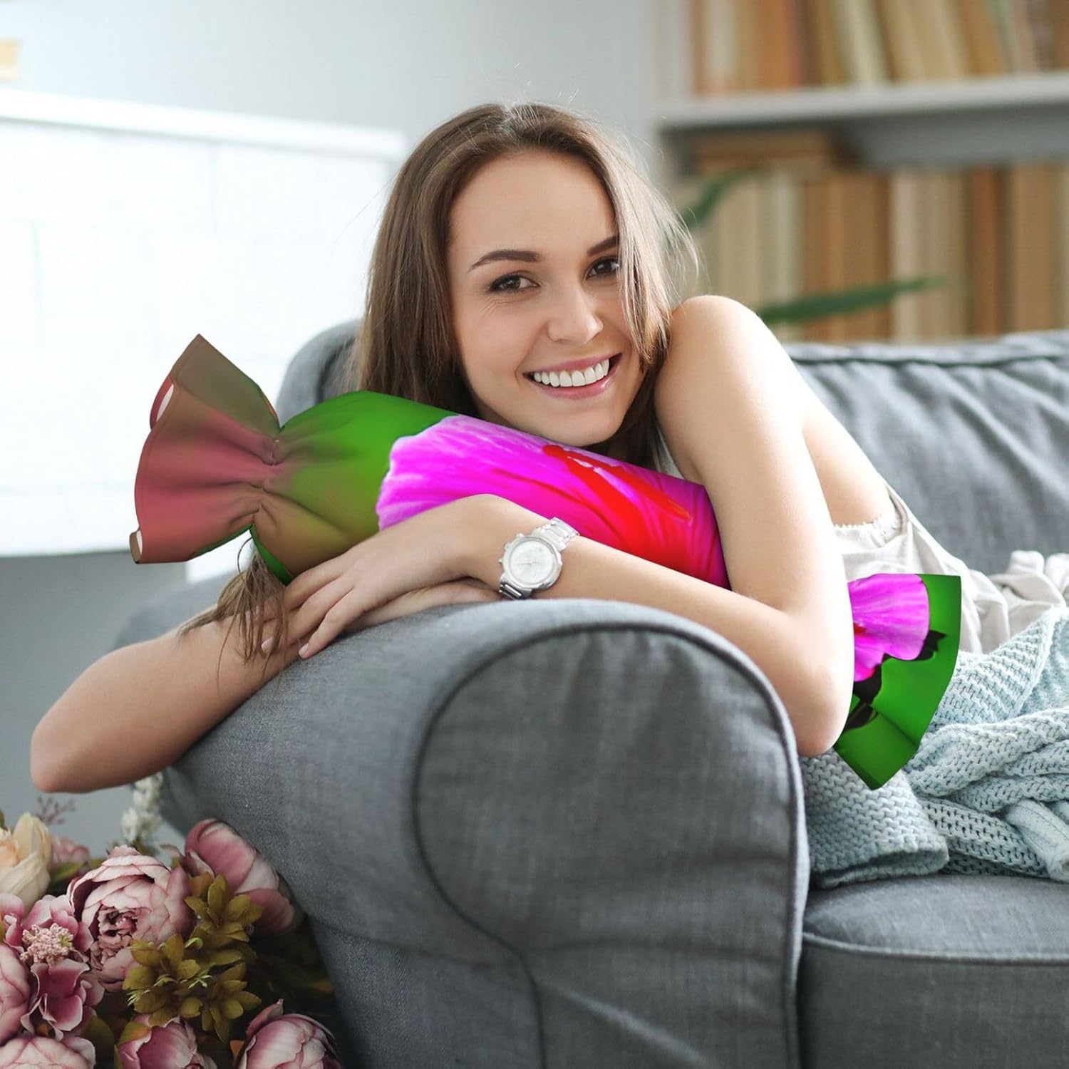 Hibiscus Flowers Pattern Print Candy Cylindrical Comfortable Pillow Throw Pillows Home Decor Easy Maintenance