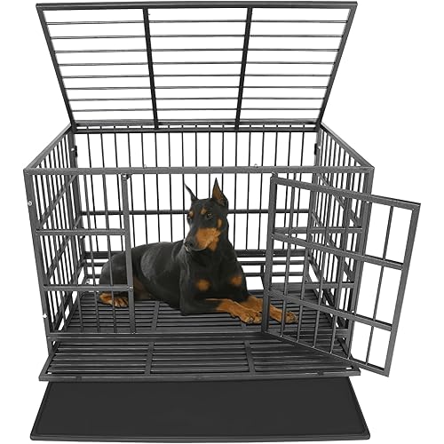 Confote 47 Inch Heavy Duty Dog Crate,High Anxiety Escape-Proof Steel Dog Crate Indestructible Dog Kennel for Medium to Large Dogs, with Lockable Wheels abd Removable Tray