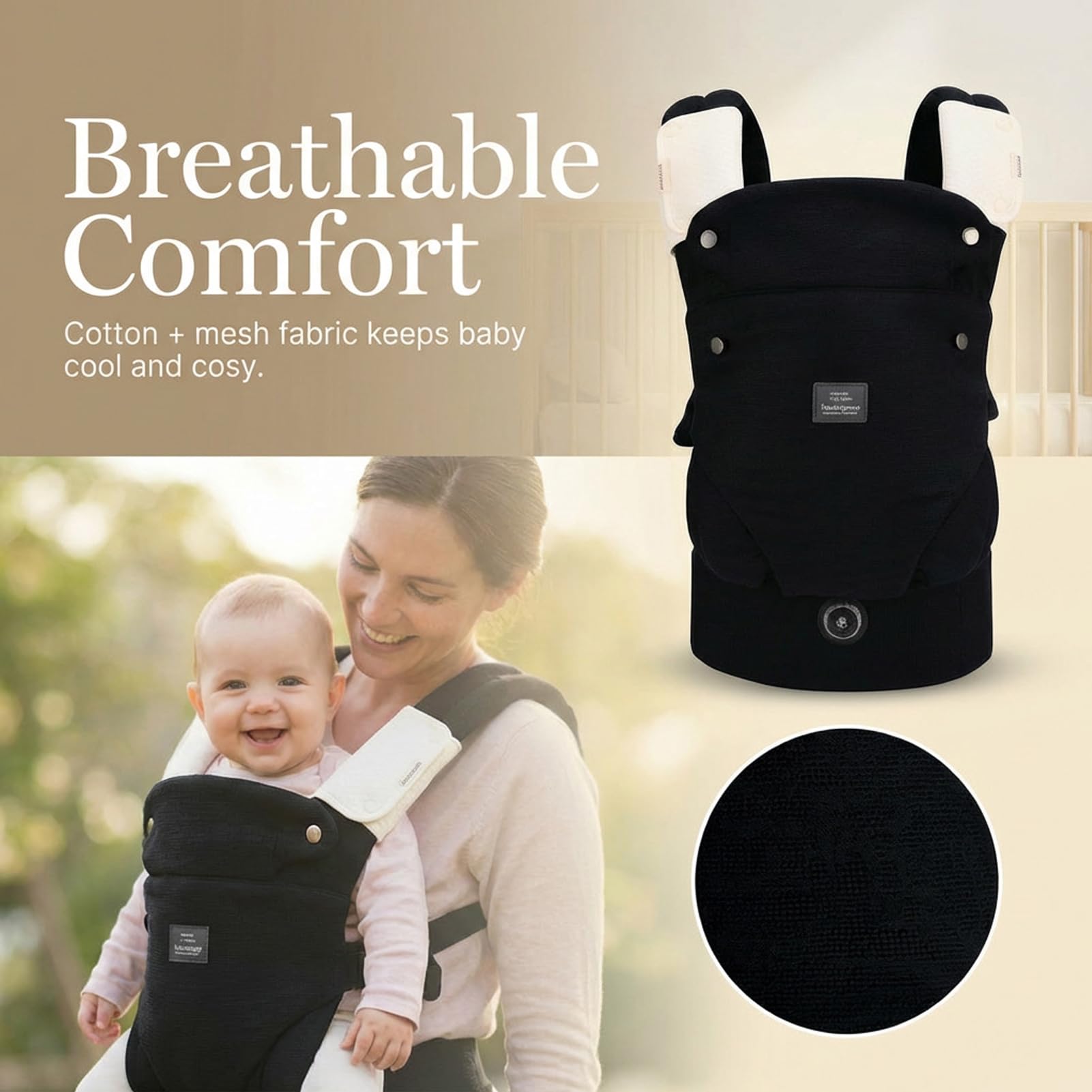Bebamour Marsupio per bambini da 3,6 a 14,9 kg, ergonomico, confortevole, in cotone, anteriore e posteriore, beige