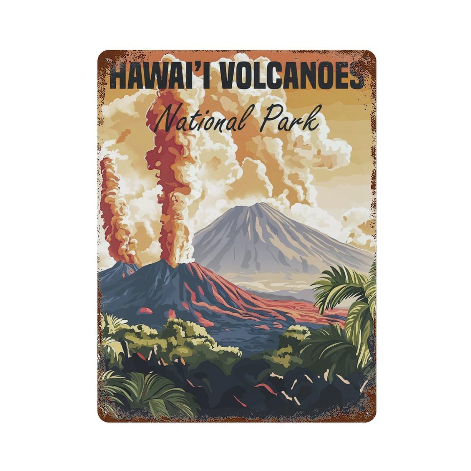 Hawaii Volcanoes National Park Rust Effect Tin Sign 15.7"x11.8", Industrial Home Decor for Bistro, Counter And Cafe Decor