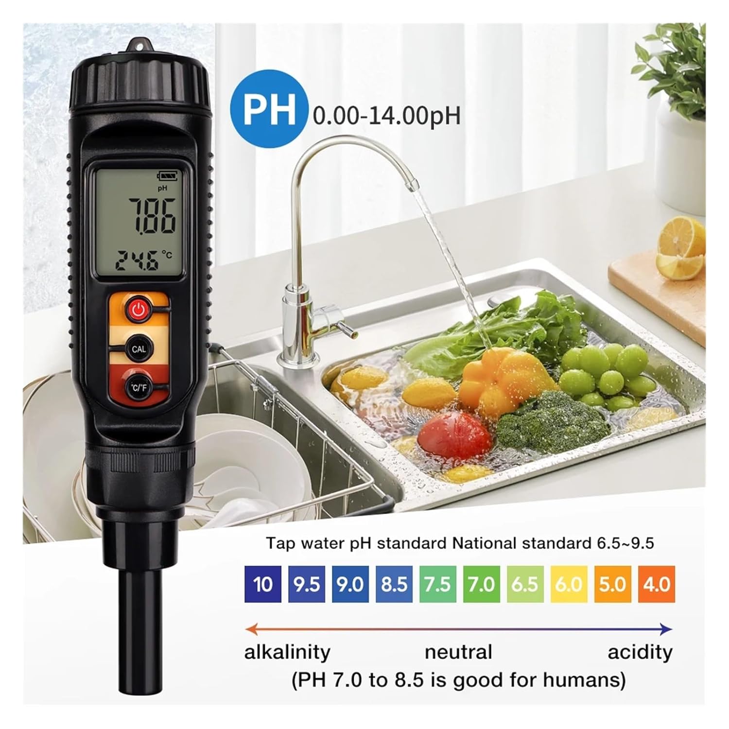 TDS Meter, Food Grade PH Meter Digital Acidity Tester Soil Dough PH/Temperature Detector Handheld PH Test Pen for Water Fruit Cheese Meat,Digital Water Tester