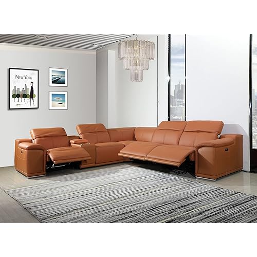 BlackJack Furniture Venice 6 Piece Top Grain Italian Leather Sectional Sofa with 3-Power Recliners, Adjustable Headrest, Lumbar Support, USB & Wireless Charger, Large Storage, 1 Console, Camel