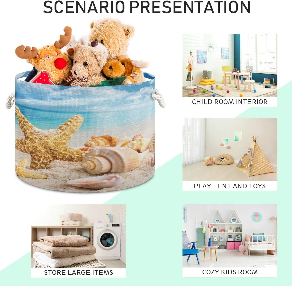 SUABO Large Storage Basket, Starfish and Seashells On The Beach Laundry Hamper Collapsible Hamper Bin with Handle, Laundry Baskets for Blanket Clothes Towels, 20X 20X 14 inches