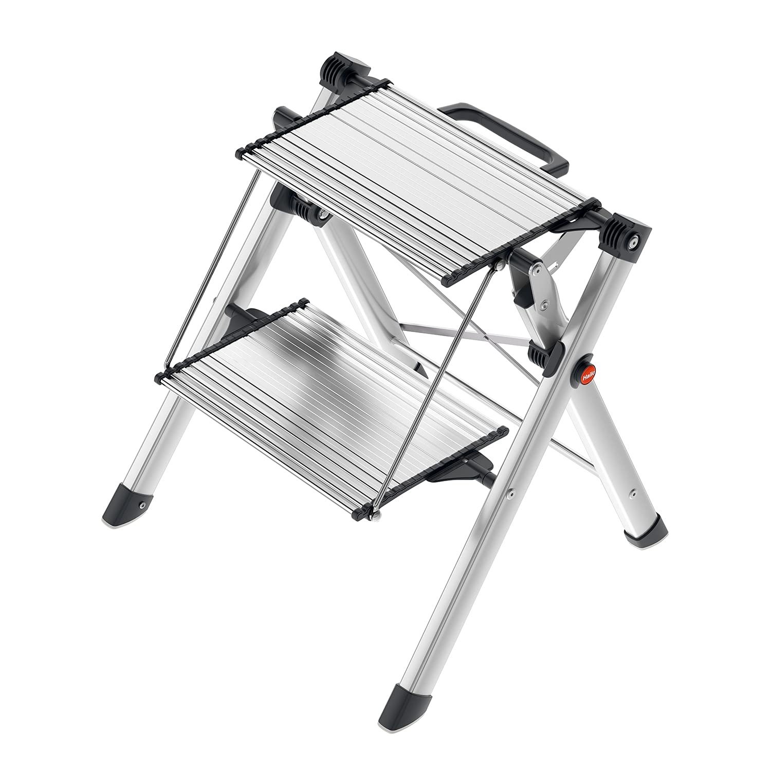 Hailo MK80 ComfortLine Alu-Klapptritt-Leiter - 2 große Stufen bis 150 kg - Komfort-Trittleiter mit Tragegriff mit integrierter Entriegelungsfunktion - Füße mit Soft-Grip-Sohle - rostfrei - Silber