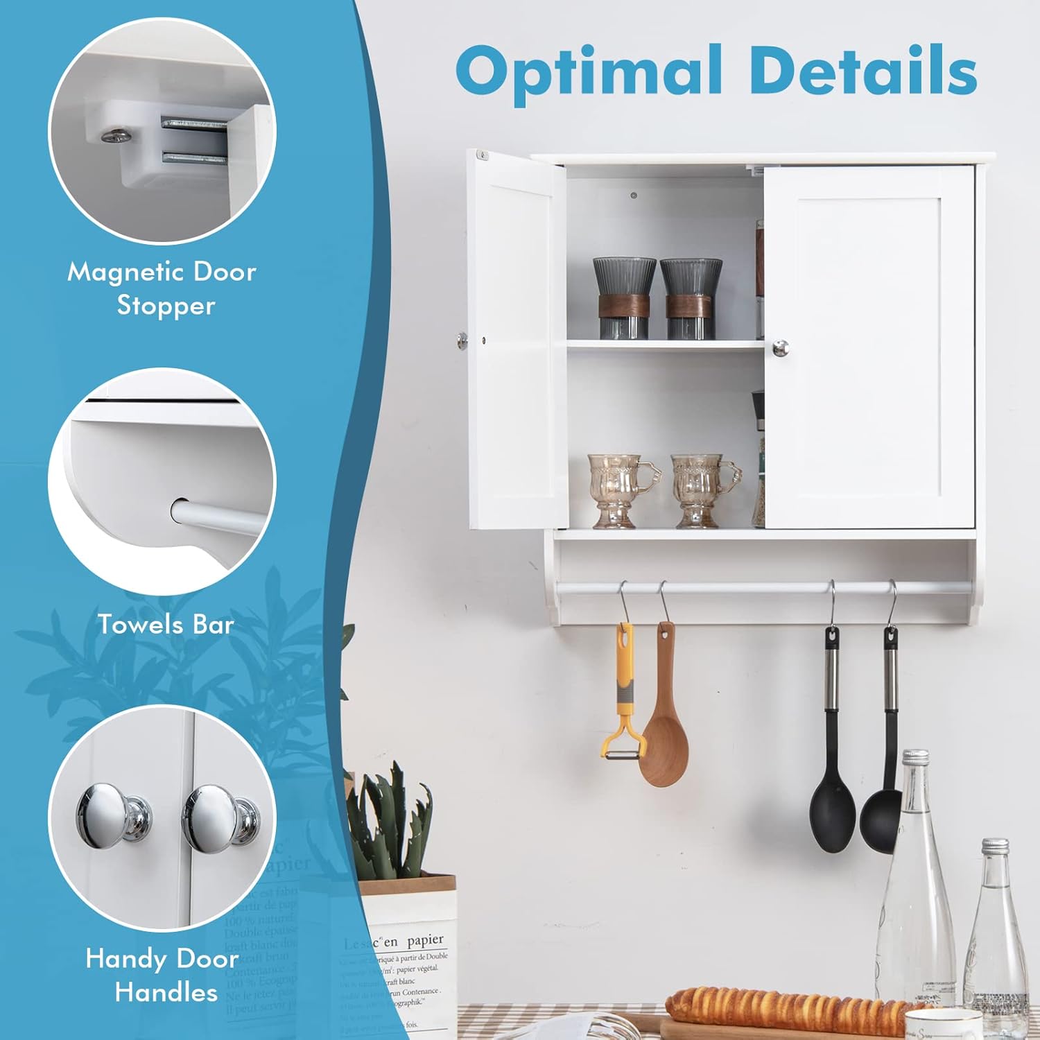 Giantex Bathroom Cabinet Wall Mounted - Over The Toilet Medicine Cabinet with Double Doors, Adjustable Shelf and Towels Bar, Above Toilet Storage Cabinet for Bedroom Kitchen Wall Cabinet (White)