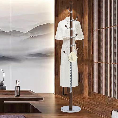 Miniatura 9 de Perchero independiente de madera para árbol con 3 tamaños ajustables y 14 ganchos, árbol de pasillo resistente con base redonda sólida para entrada,