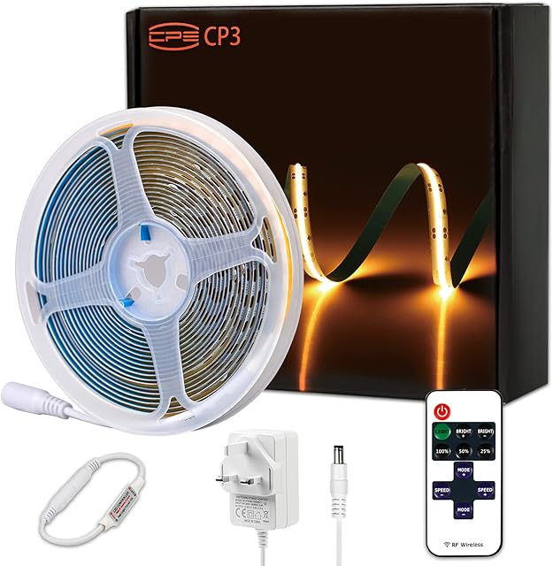 CP3 12V COB Flexible LED Strip Light Kits 2700K Warm White 5M 400LEDs/Meter Dimmable No Hot Spots Bendable Continuous Lights Tape CRI 80+ with RF Remote and UL Power Supply for DIY Home Decoration