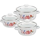 DECOMELODY Vintage Enamel Stockpot Mini Soup Pot with Double Handles Wear-resistant Portable Cooking Pot for Home Kitchen with Lid 3pcs Set Random Style