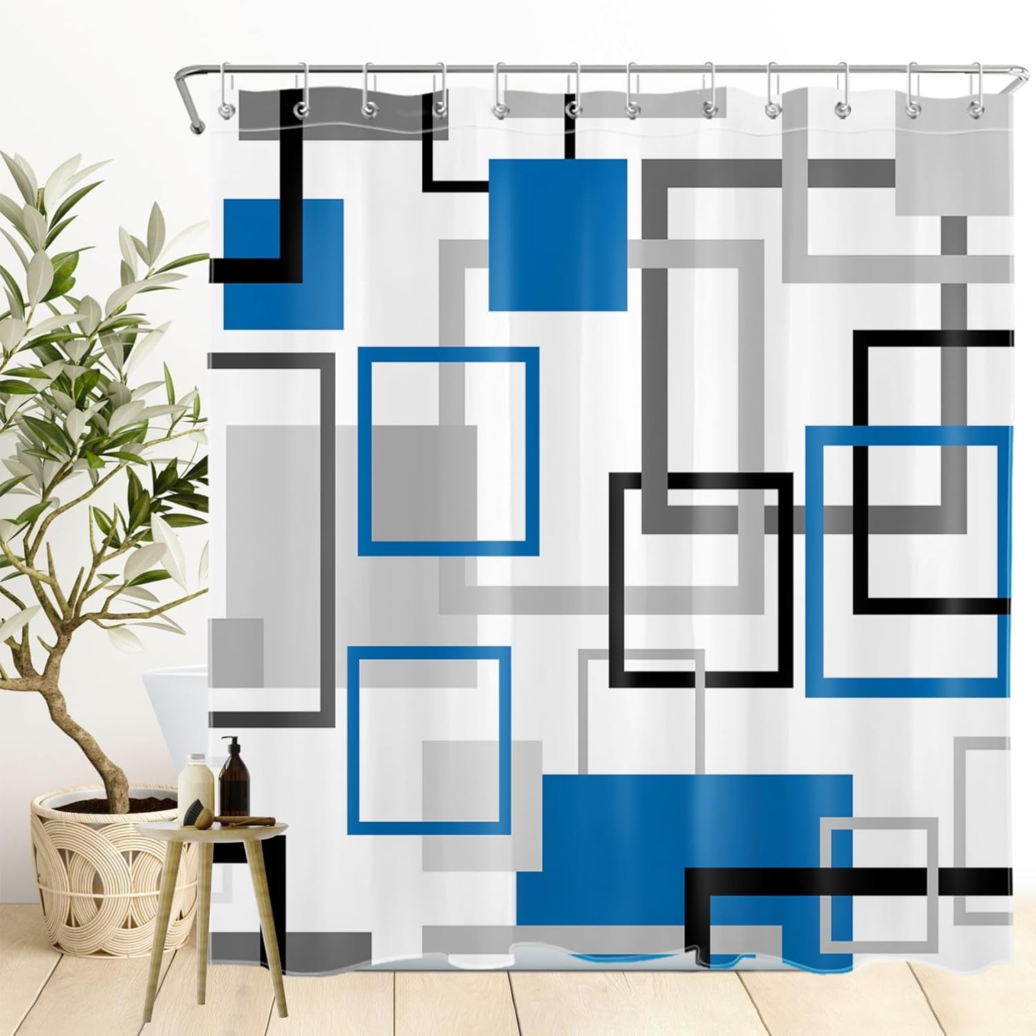 Blue Striped Shower Curtain Black and White Abstract Geometric Decor Bathroom Shower Curtains Modern Geometric Minimalist Shower Curtain with Hooks, 72W X 78L Inch