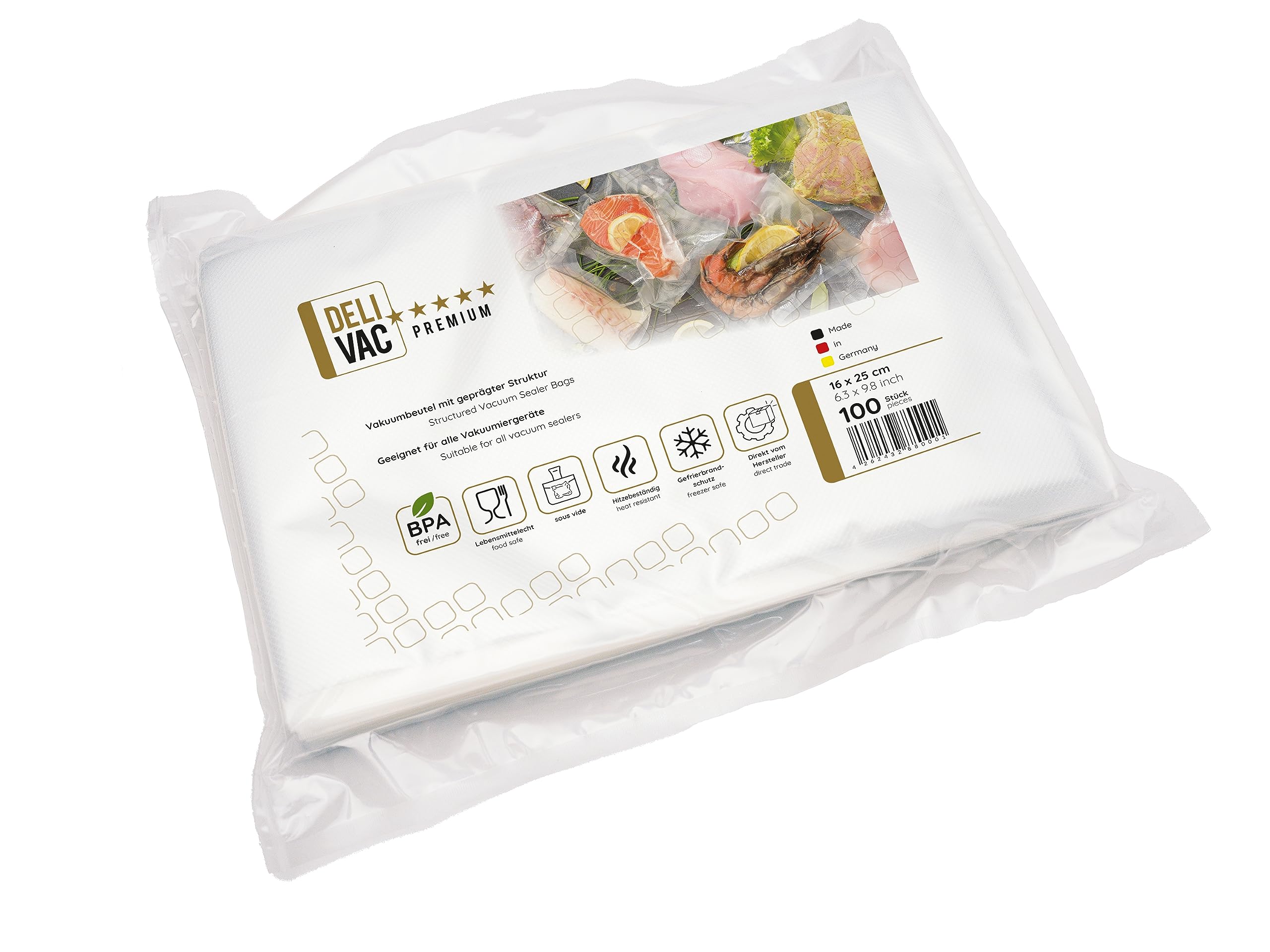 DeliVac Vacuum Sealer Bags, Pack of 100, 16 x 25 cm, for All Vacuum Sealers, Embossed Vacuum Bags for Food, Sous-Vide (16 x 25 cm, Pack of 100)