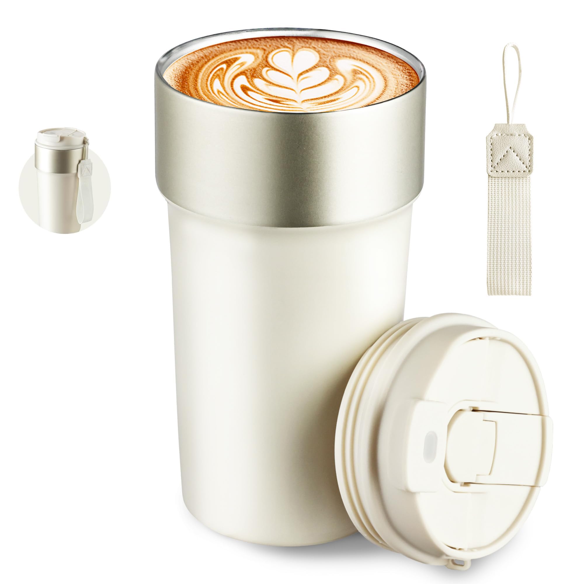 Azonee500ml Insulated Travel Coffee Mug with Lid & Straw, Leak Proof 316 Stainless Steel Vacuum Tumbler for Hot & Cold Drinks, Ideal for On-the-Go, Cream White