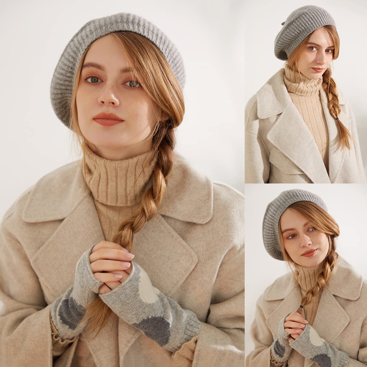 Sombrero de Boina de Punto para Mujer, Gorro de Lana de Color Sólido de Cachemir 100%, Gorra/Beanie de Punto Cálido Gorro de Boina Clásico de Invierno Otoño, Regalo para Navidad/Año Nuevo Gray