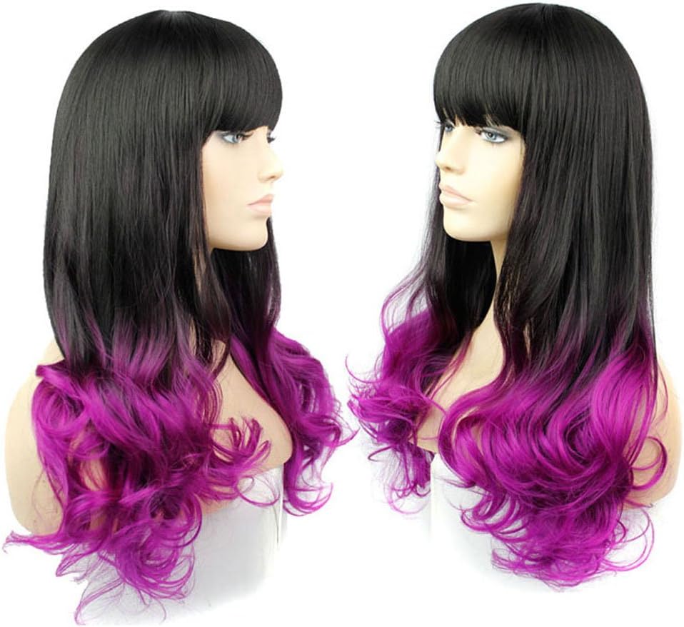 Sexy Gradient Women Long Curly Wave Hair Cosplay Costume Party Wig Synthetic Full Wigs with Bangs