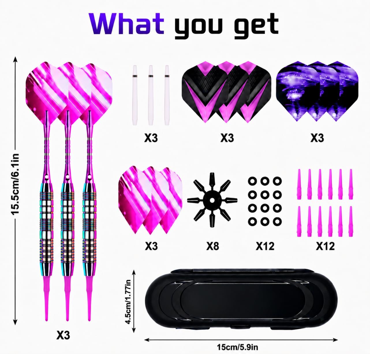 Soft Tip Darts Set, 2BA Darts for Electronic Dart Boards(Soft) | Includes 3 darts, 12 replacement tips, 9 flights, 12 O rings and case. Aluminum shafts provide durability for beginners