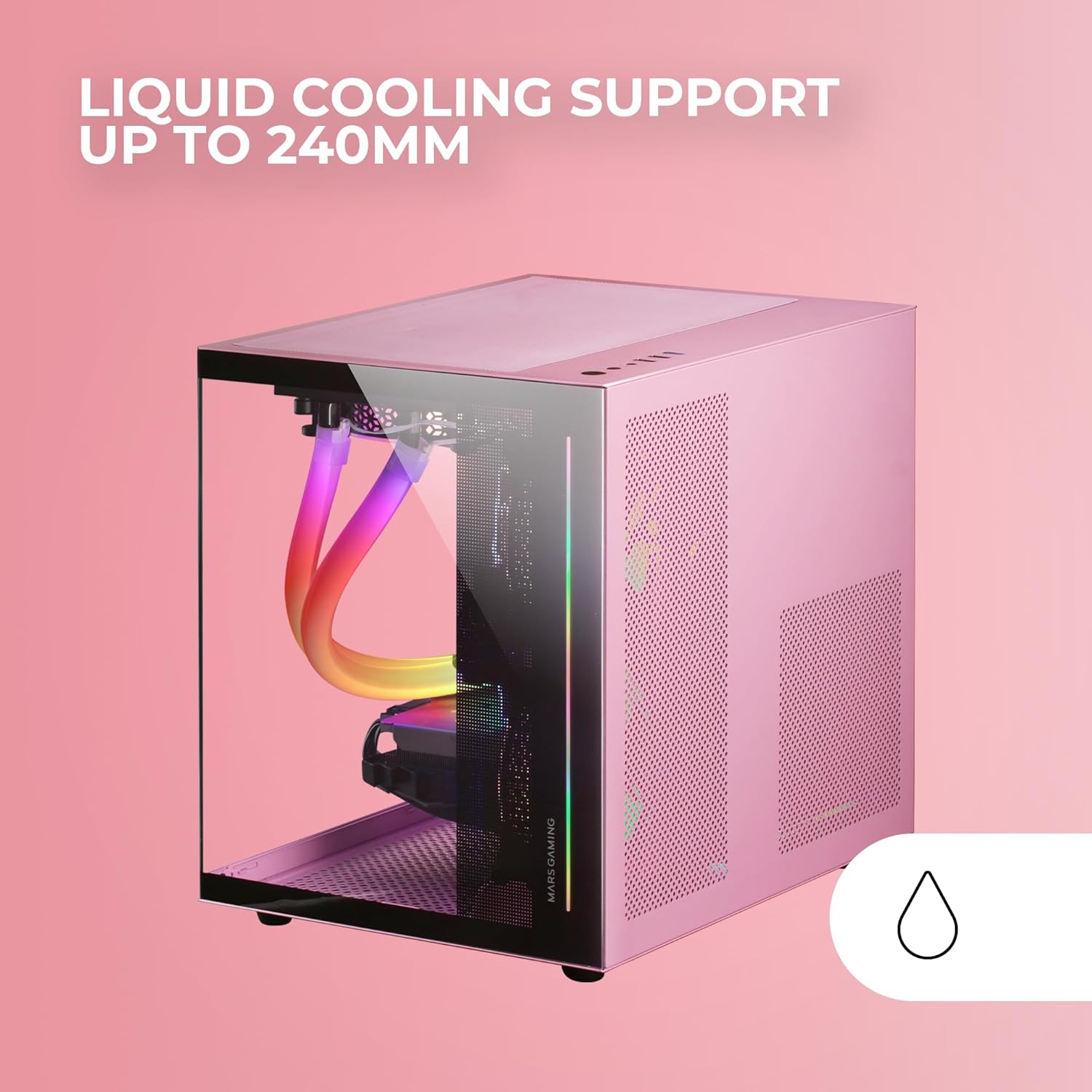 Mars Gaming MC-View Pink, Micro-ATX Mini Gaming Tower Case, Frameless 90° Tempered Glass, Modular Dual-Chamber Frame, Full Liquid Cooling Support