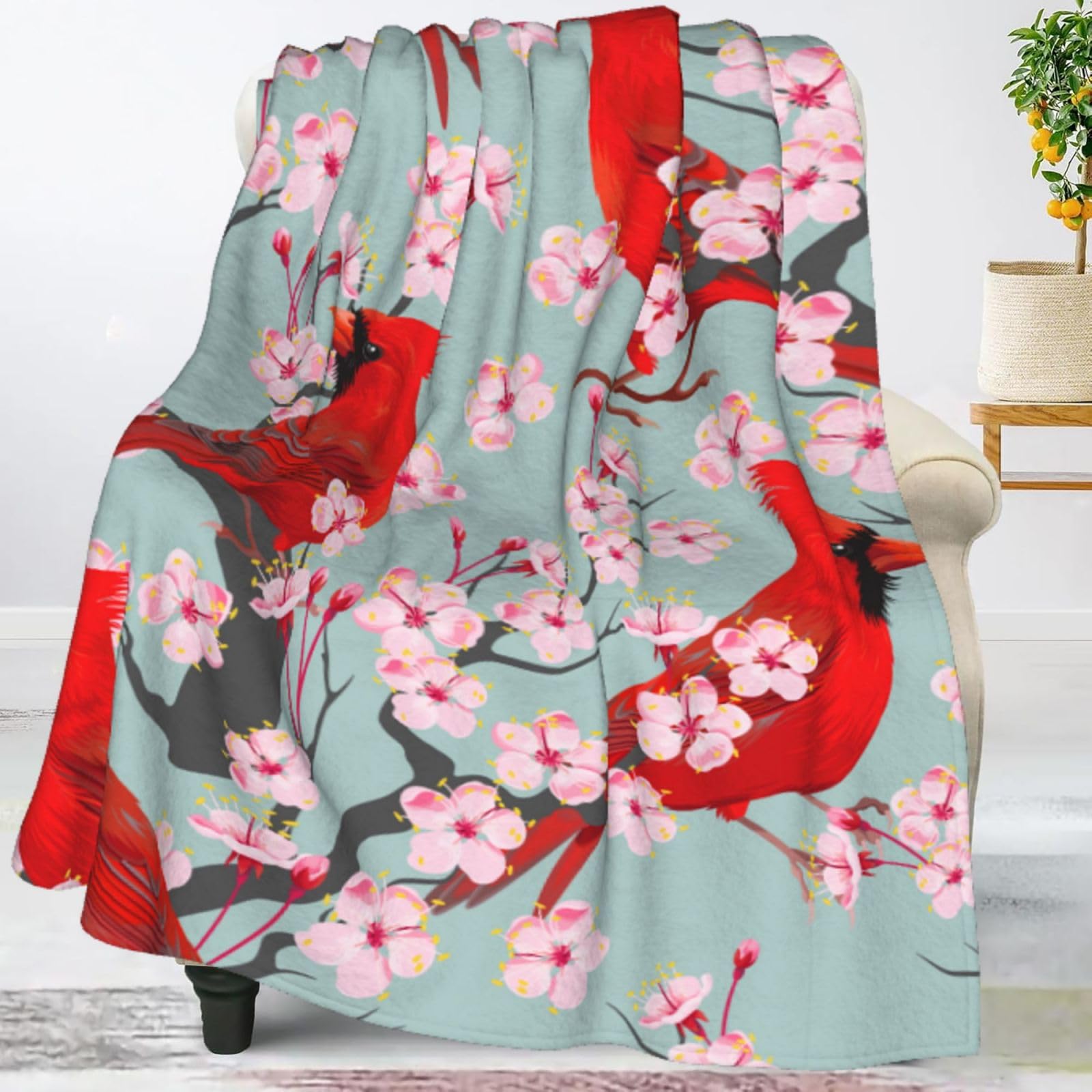 Jbofyee Red Cardinal Birds and Flowers Throw Blankets All Season Ultra Soft Warm Fleece Blanket for Home Bed Sofa Couch Chair Outdoor Travel Camping
