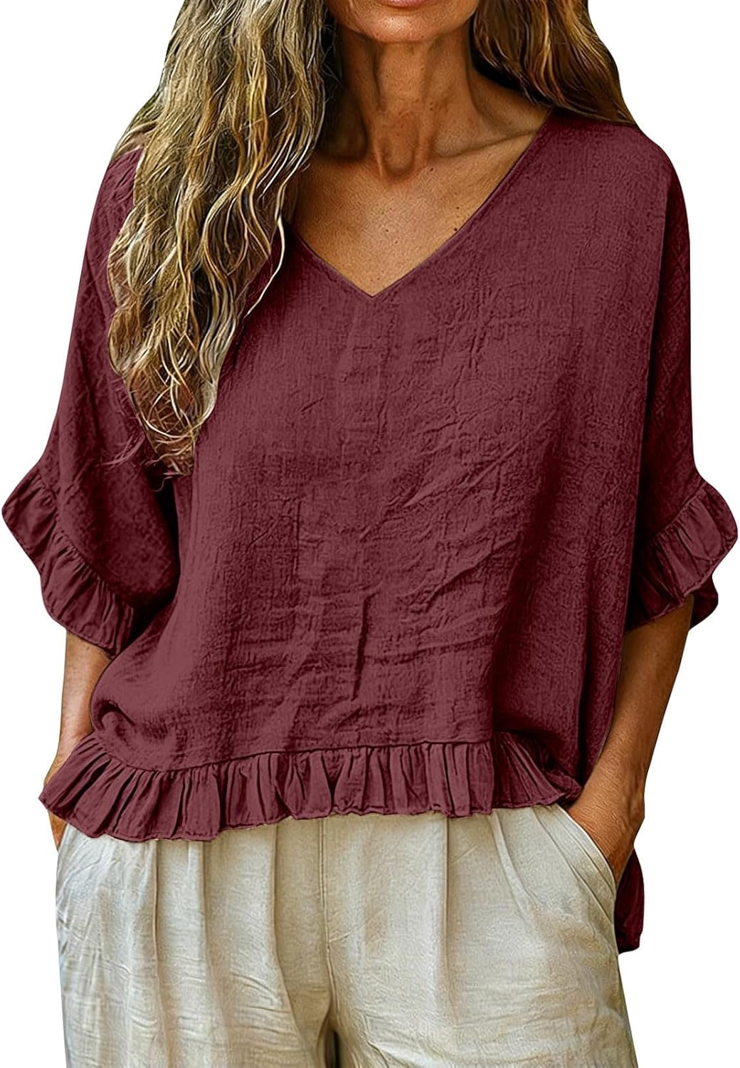 3/4 Sleeve Cotton Linen Shirts for Women Loose Casual V Neck Ruffle Hem Peplum Tops Lightweight Gauze Tunic Blouses