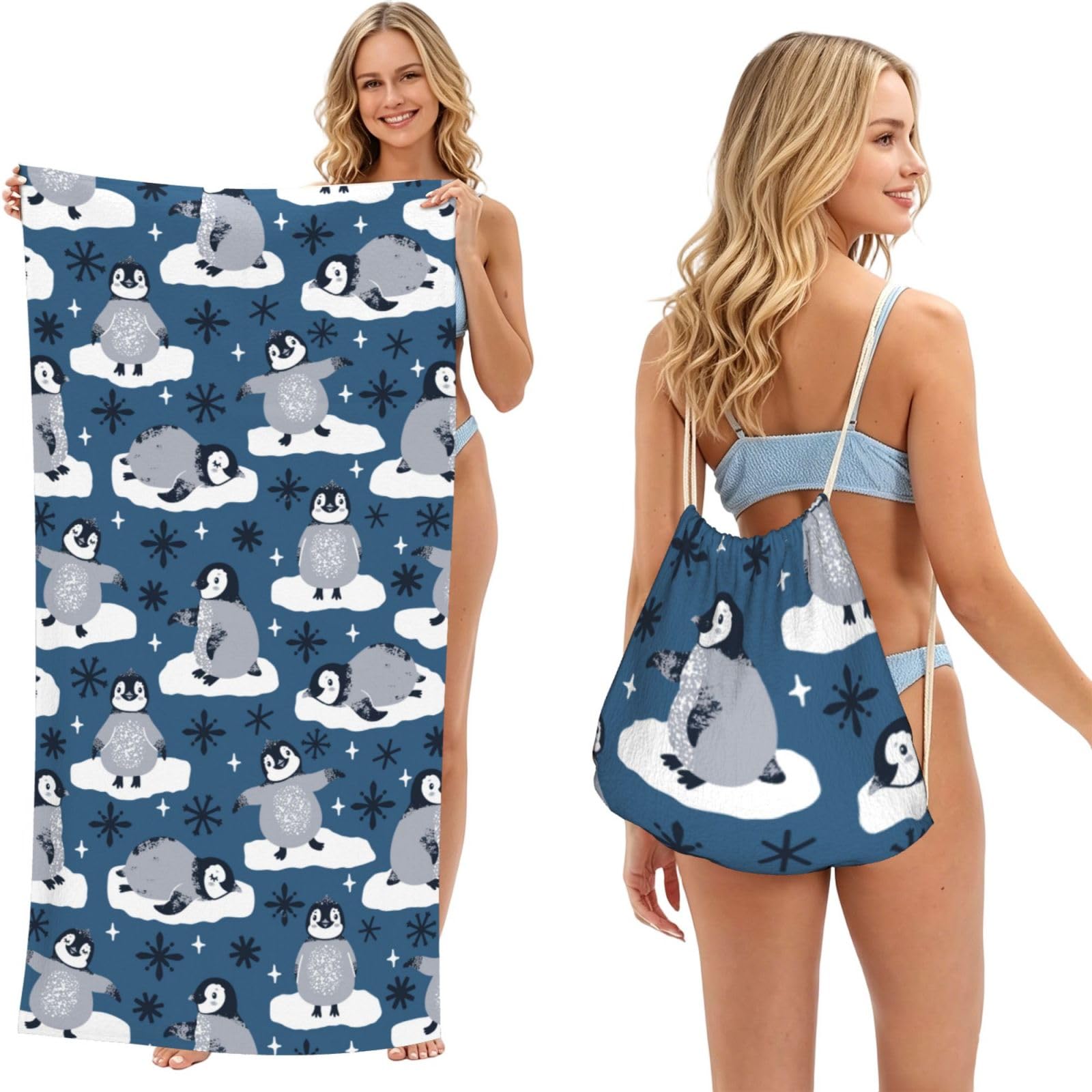 Poadnly As Picture Cute Penguins And Snowflakes, 2 In 1 Packable Towel Bag, Beach Towels With Drawstring Backpack For Travel Holiday Camping
