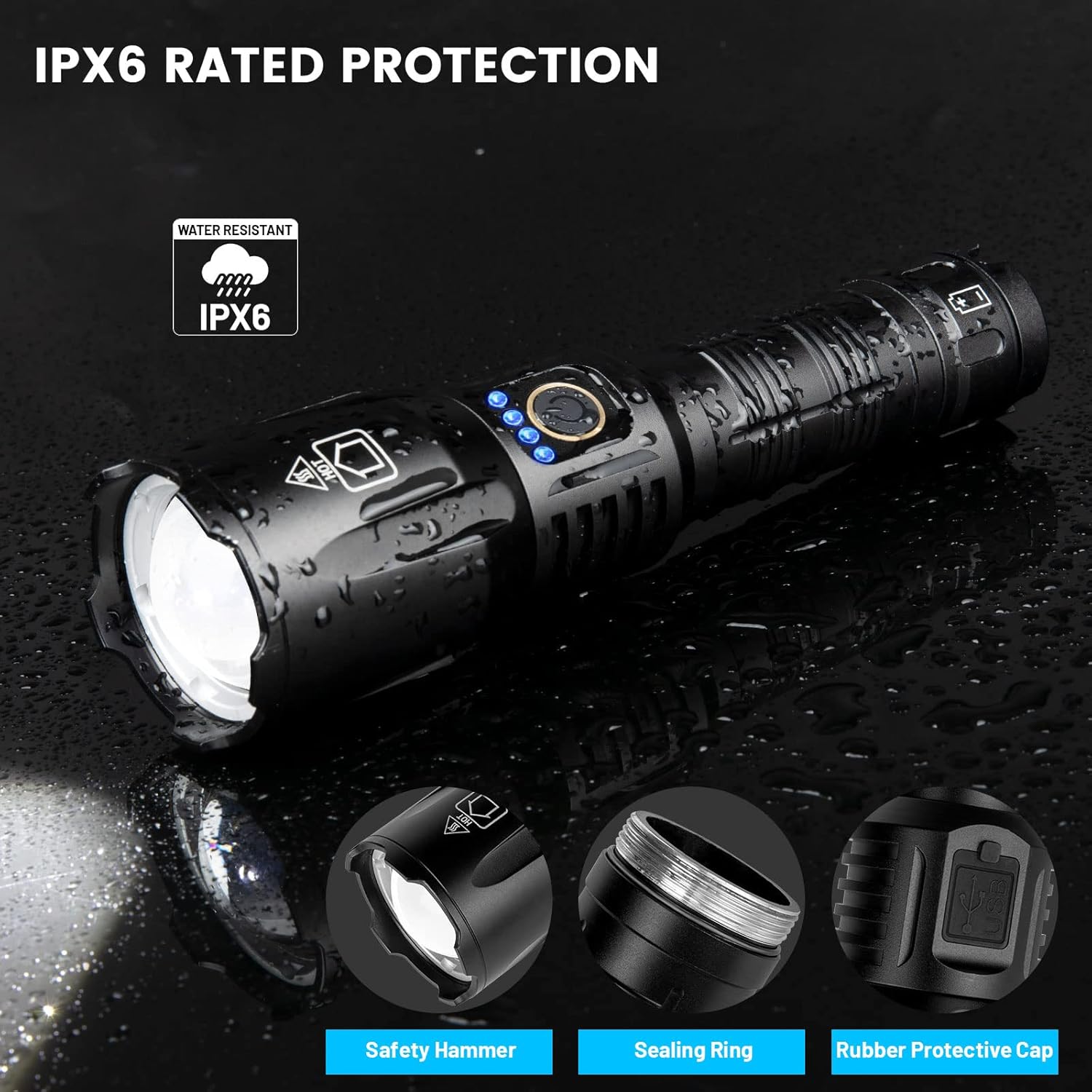 azamine Rechargeable Flashlights High Lumens - 99,000 Lumen Bright LED Flashlight, 5 Modes with Long Runtime, IPX6 Waterproof, High Powered Flash Light for Home, Camping, Hiking (Black)