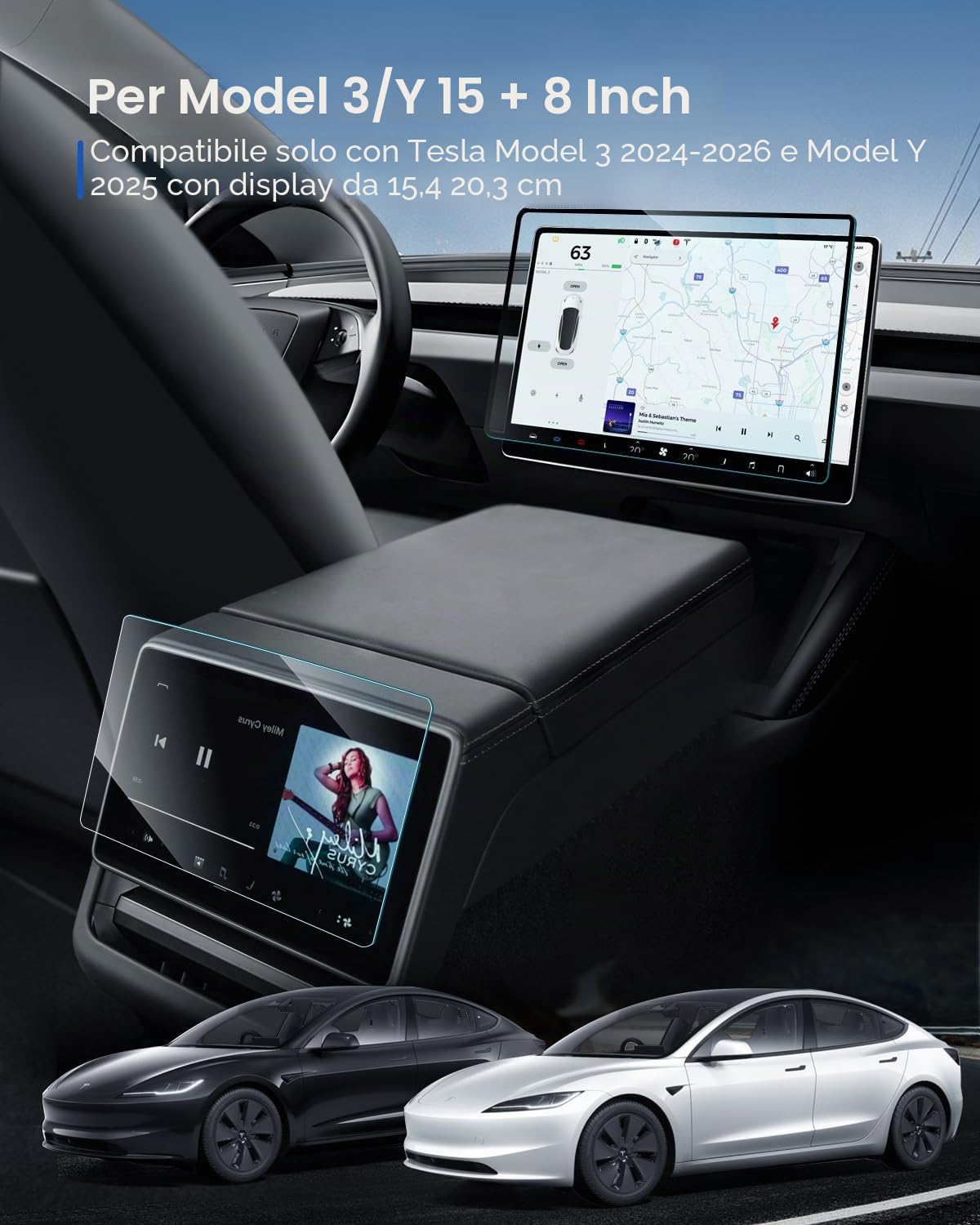 Pellicola Protettiva Vetro Temperato 9H per Tesla Model 3 2024-2026 Model Y 2025 15,4" 8" Display Posteriore Antiriflesso Anti-Impronte