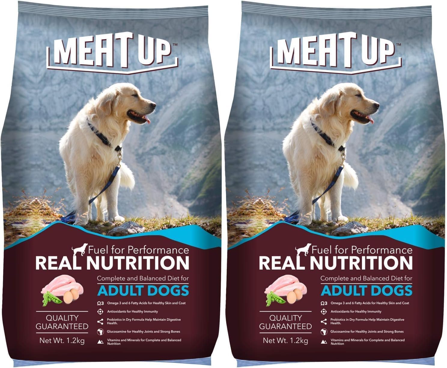 Meat Up Adult Dry Dog Food 2.4kg (1.2kg + 1.2kg) | Chicken Flavour | Healthy Skin & Coat | Antioxidants | Enriched with Vitamins & Minerals