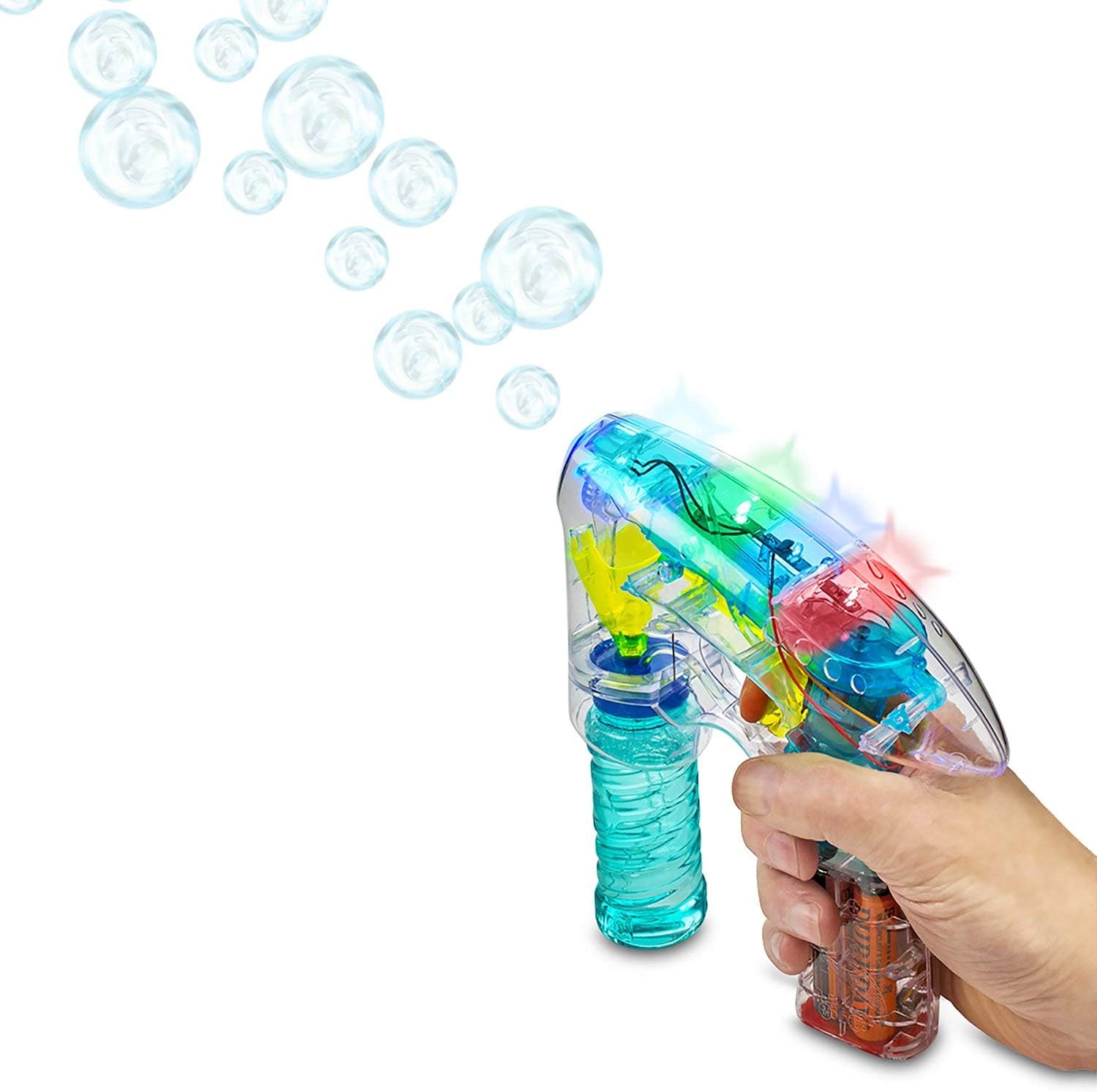 Kicko Bubble Gun Blower Machine - Light-up LED Transparent Blaster - for Kids, Playing, Outdoors, Indoors, and Party Favors - 1 Bubble Solution and Batteries Included