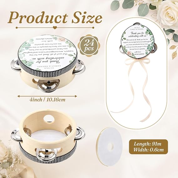 24 Set 4 Inch Wedding Tambourines Bulk with Jingles Ribbons for Adults Wooden Hand Held Drum Percussion Gift for Guest Musical Instrument for Church Bridal Shower Party Favor Decorations(White)