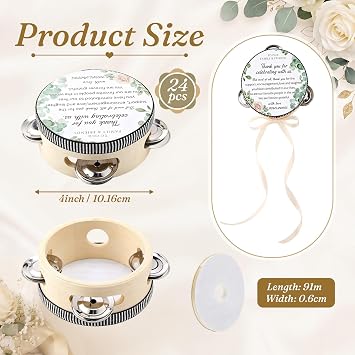 24 Set 4 Inch Wedding Tambourines Bulk with Jingles Ribbons for Adults Wooden Hand Held Drum Percussion Gift for Guest Musical Instrument for Church Bridal Shower Party Favor Decorations(White)
