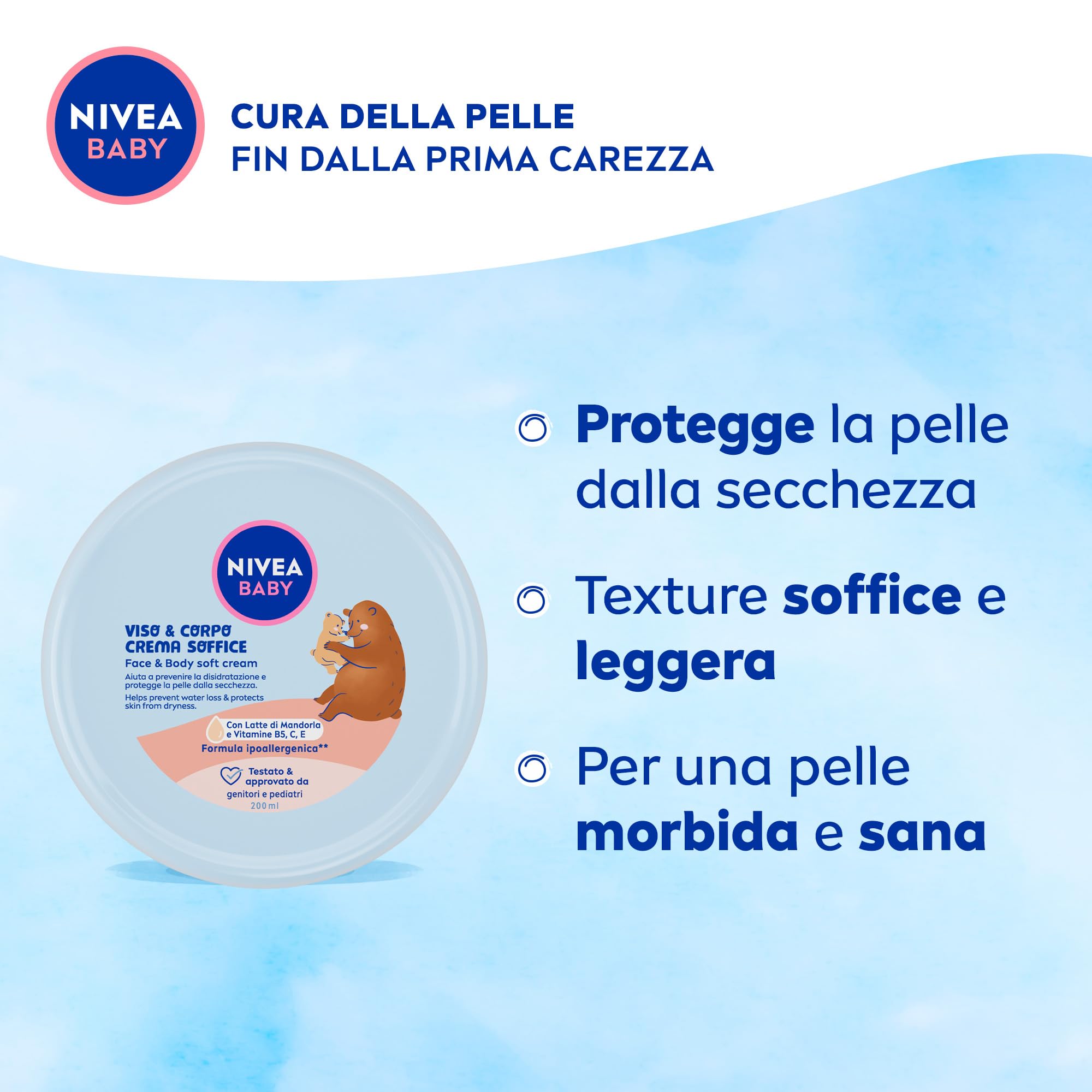 NIVEA BABY Viso & Corpo Crema Soffice 200ml, Crema corpo bambini idratante e nutriente, Crema viso neonato con Latte di Mandorla e Vitamine