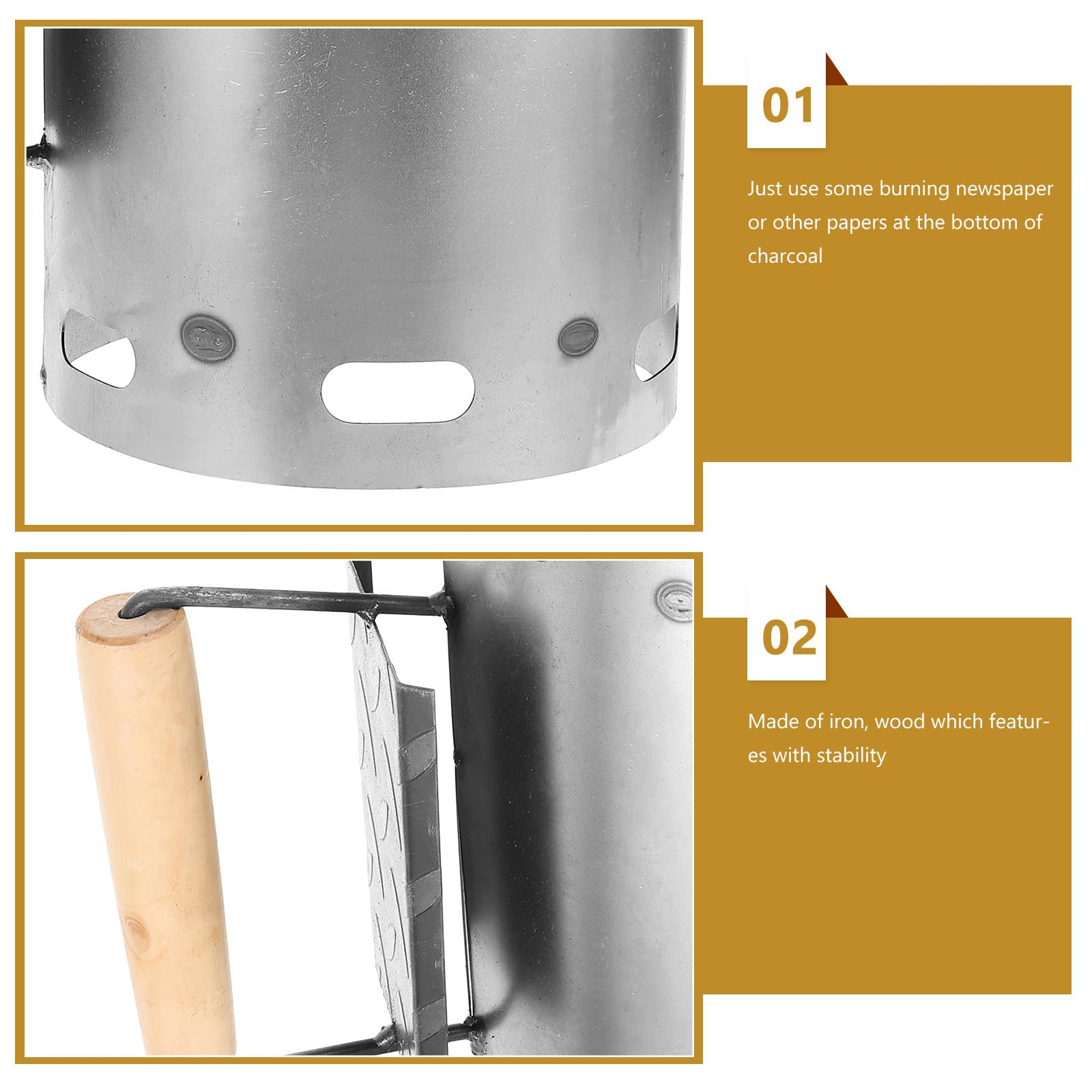 GALPADA Cubo para Encender Carbón de Hierro Mango de Madera para Barbacoas y Exterior, Herramienta Rápida y Segura para Encender Carbón de Forma Uniforme